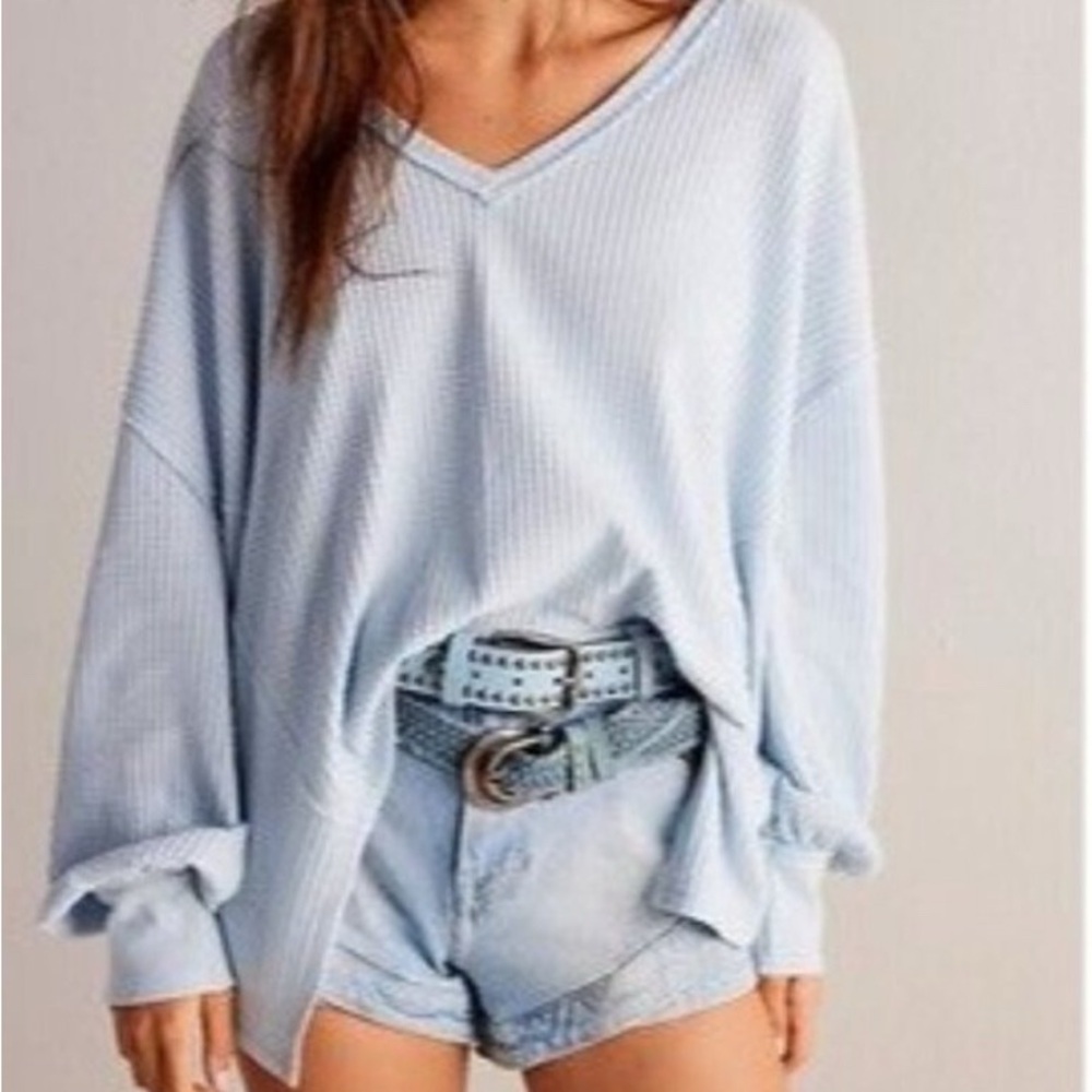 Free People Light Blue V-Neck Sweatshirt